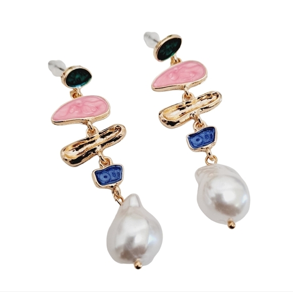 Gold Faux pearl earrings statement pink blue boho drop dainty party 💖2/$30 - Picture 6 of 10